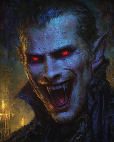 GRID THUMBNAIL — Close-up portrait of a sinister vampire with glowing red eyes and sharp fangs, blue-tinged skin, candlelit interior background, gothic dark fantasy style.