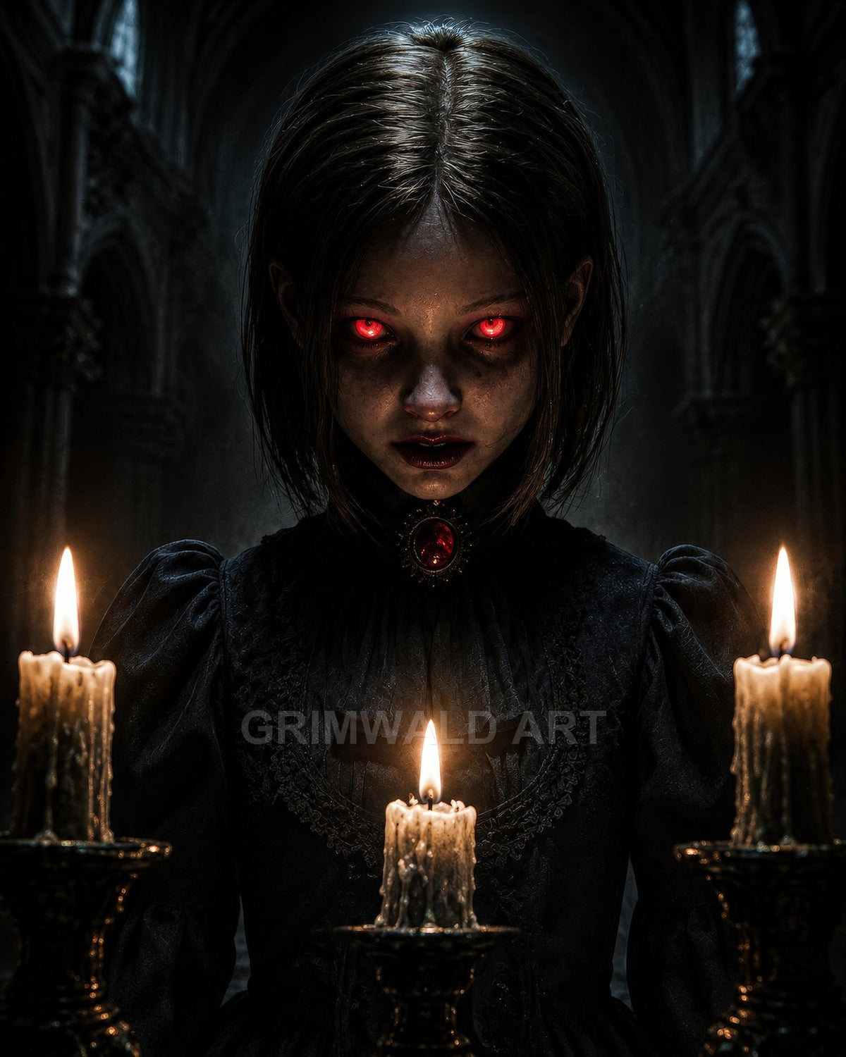 Red-eyed girl in a dark Victorian dress stands behind three burning candles inside a shadowy cathedral, lit by flickering firelight, staring forward.