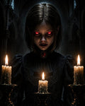 GRID THUMBNAIL — Red-eyed girl in a dark Victorian dress stands behind three burning candles inside a shadowy cathedral, lit by flickering firelight, staring forward.