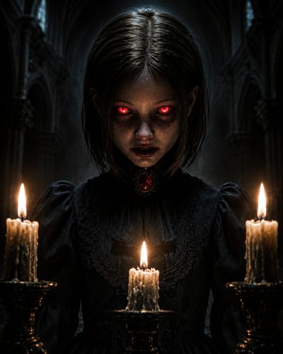 GRID THUMBNAIL — Red-eyed girl in a dark Victorian dress stands behind three burning candles inside a shadowy cathedral, lit by flickering firelight, staring forward.