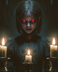 GRID THUMBNAIL — A pale young girl with glowing red eyes stands by dripping candles, wearing a Victorian dress and ruby brooch in a shadowy interior.