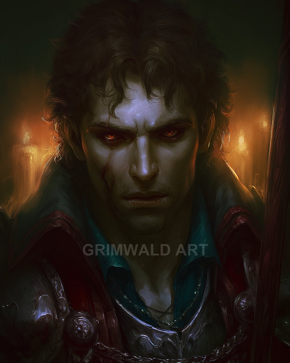 Brooding male warrior with glowing red eyes and scar stands in dark interior armour, lit by flickering candles behind, painted in dark fantasy style.