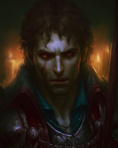 GRID THUMBNAIL — Brooding male warrior with glowing red eyes and scar stands in dark interior armour, lit by flickering candles behind, painted in dark fantasy style.