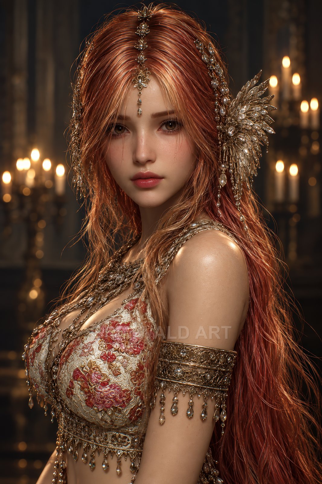 Red-haired woman in ornate gold jewellery and embroidered bodice poses before candlelit candelabras, with a winged headpiece and soft, warm lighting.