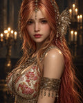 GRID THUMBNAIL — Red-haired woman in ornate gold jewellery and embroidered bodice poses before candlelit candelabras, with a winged headpiece and soft, warm lighting.