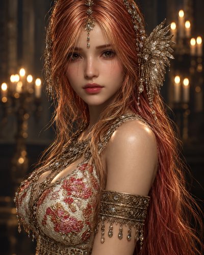 GRID THUMBNAIL — Red-haired woman in ornate gold jewellery and embroidered bodice poses before candlelit candelabras, with a winged headpiece and soft, warm lighting.