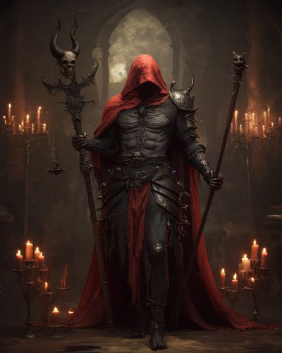 GRID THUMBNAIL — Armoured, hooded figure with red cloak holds skull-topped staff and spear amid candles in a gothic cathedral, lit by warm firelight.
