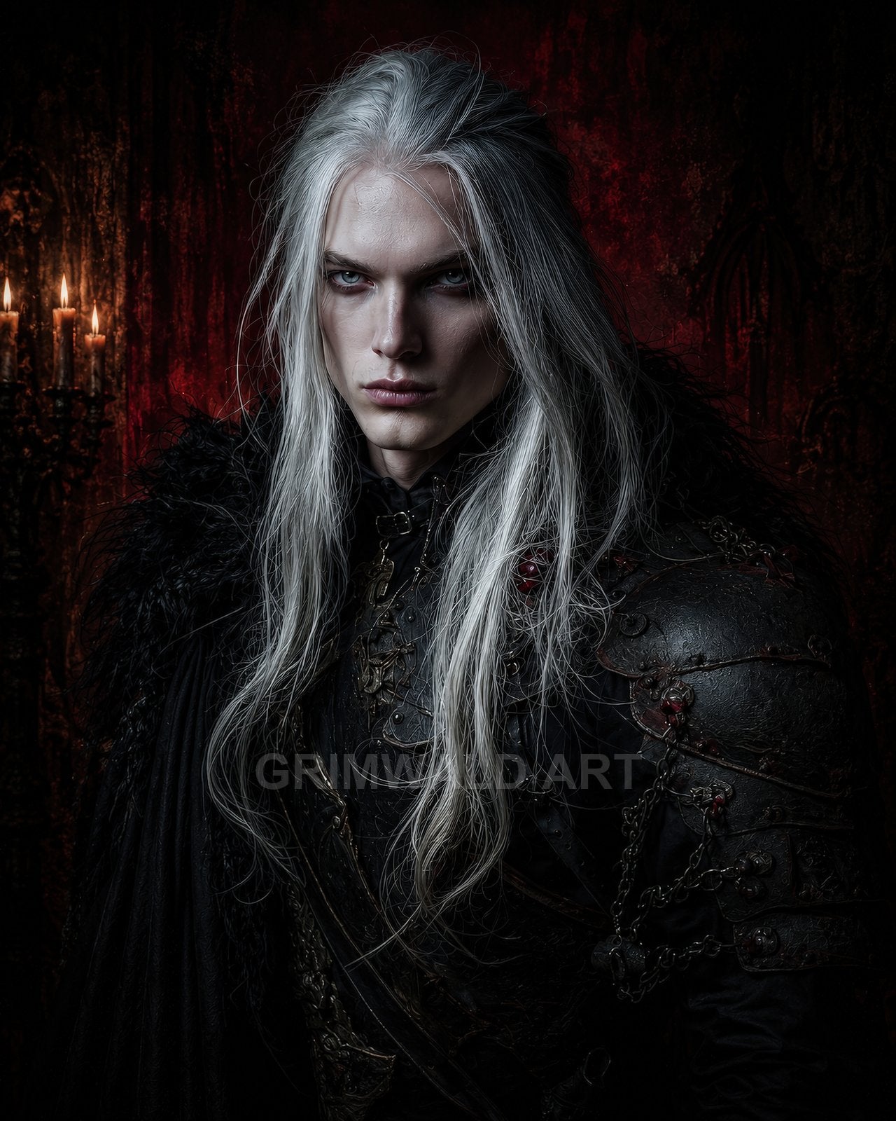 Candlelit portrait of an androgynous vampire with long white hair, wearing ornate black armour and a fur cloak against a dark red gothic interior.