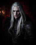 GRID THUMBNAIL — Candlelit portrait of an androgynous vampire with long white hair, wearing ornate black armour and a fur cloak against a dark red gothic interior.