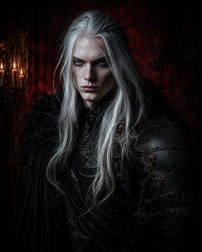 GRID THUMBNAIL — Candlelit portrait of an androgynous vampire with long white hair, wearing ornate black armour and a fur cloak against a dark red gothic interior.