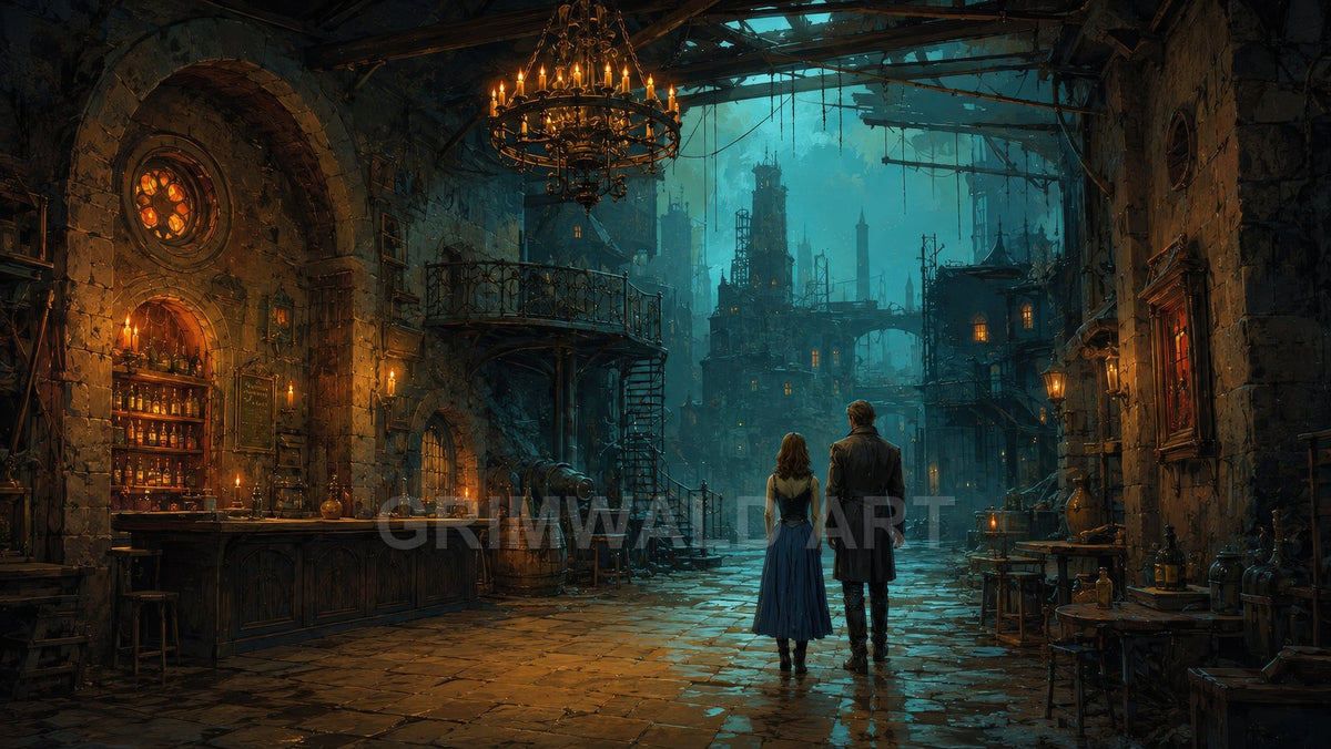 Candlelit tavern opens onto a moody fantasy city; two figures on wet cobblestones face towering ramshackle spires beneath a hanging chandelier.