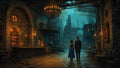 GRID THUMBNAIL — Candlelit tavern opens onto a moody fantasy city; two figures on wet cobblestones face towering ramshackle spires beneath a hanging chandelier.