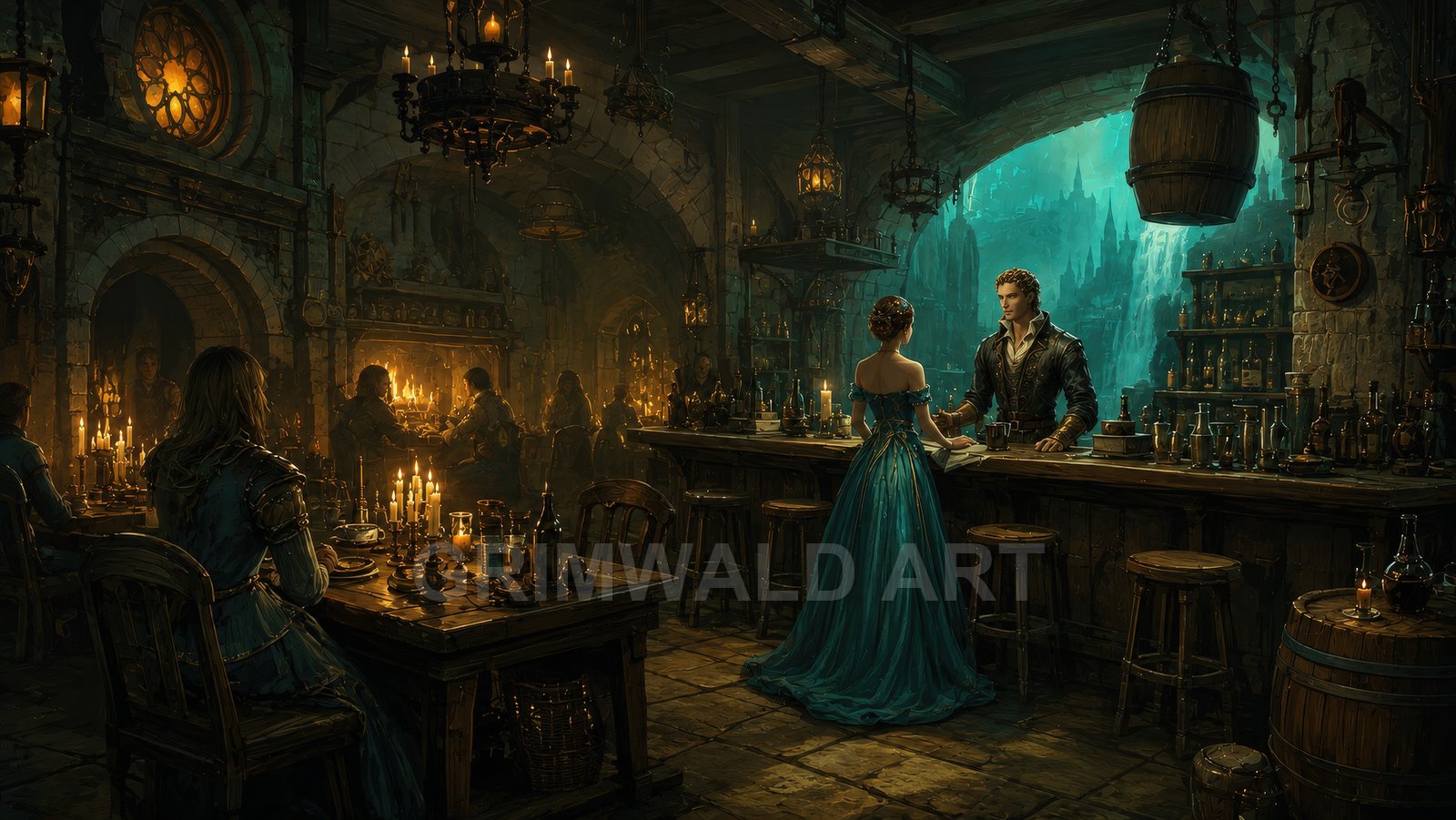 A candlelit medieval tavern interior with a woman in a teal gown at the bar, patrons dining, stone arches and bottles.