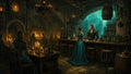 GRID THUMBNAIL — A candlelit medieval tavern interior with a woman in a teal gown at the bar, patrons dining, stone arches and bottles.
