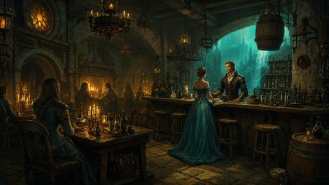 GRID THUMBNAIL — A candlelit medieval tavern interior with a woman in a teal gown at the bar, patrons dining, stone arches and bottles.