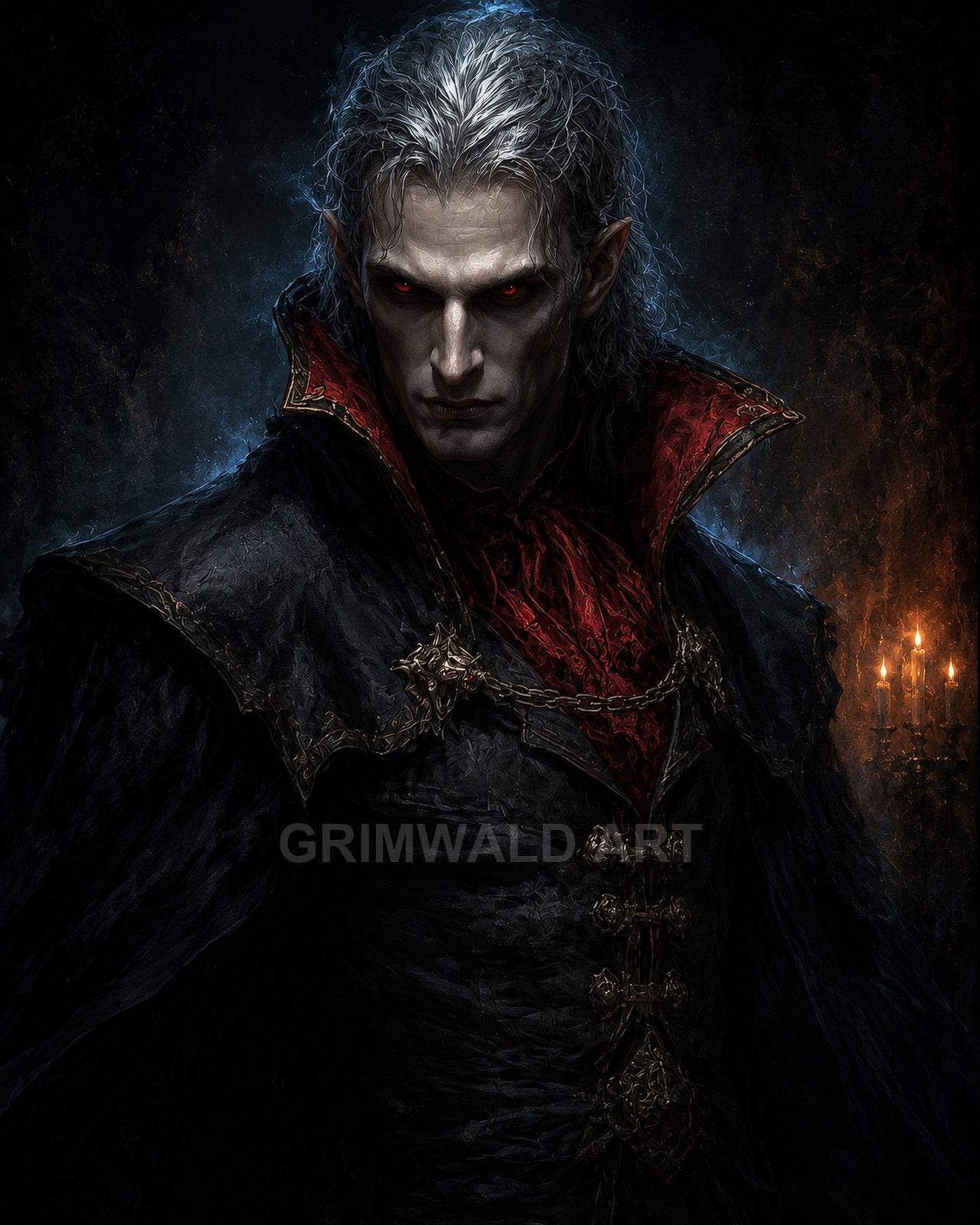 Pale male vampire with red eyes and silver hair in an ornate black and red coat, set in a candlelit gothic interior, dark and moody portrait.