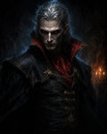 GRID THUMBNAIL — Pale male vampire with red eyes and silver hair in an ornate black and red coat, set in a candlelit gothic interior, dark and moody portrait.