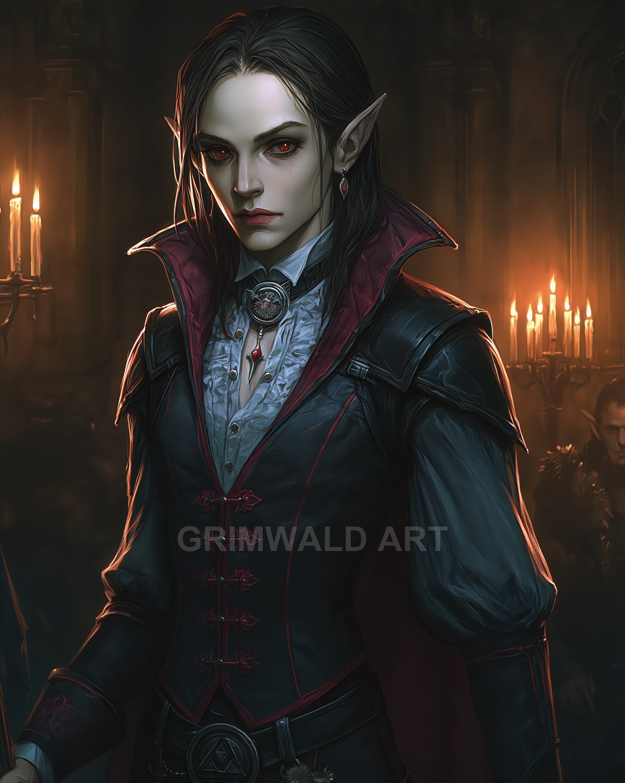 An androgynous vampire aristocrat with pointed ears and red eyes stands in a candlelit castle hall, wearing black-and-red high-collared attire.