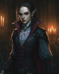 GRID THUMBNAIL — An androgynous vampire aristocrat with pointed ears and red eyes stands in a candlelit castle hall, wearing black-and-red high-collared attire.