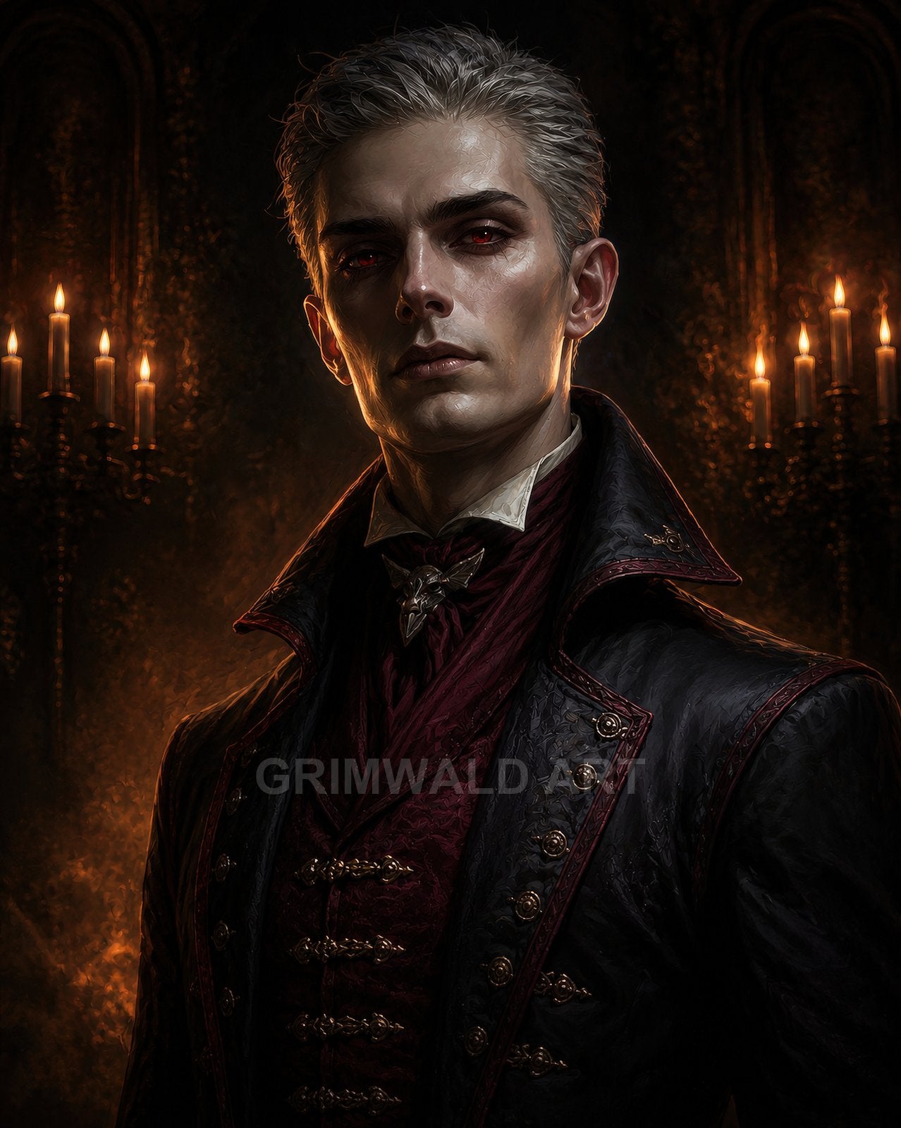 A pale, red-eyed vampire aristocrat in ornate black and crimson attire stands in a candlelit gothic interior, gazing coolly at the viewer.