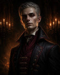 GRID THUMBNAIL — A pale, red-eyed vampire aristocrat in ornate black and crimson attire stands in a candlelit gothic interior, gazing coolly at the viewer.