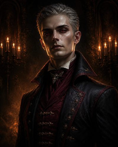 GRID THUMBNAIL — A pale, red-eyed vampire aristocrat in ornate black and crimson attire stands in a candlelit gothic interior, gazing coolly at the viewer.