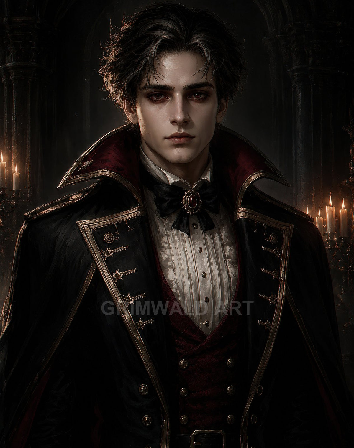 Elegant male vampire in a gold-trimmed black cloak and red waistcoat stands in a candlelit gothic hall, staring forward with unsettling, aristocratic poise.