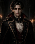 GRID THUMBNAIL — Elegant male vampire in a gold-trimmed black cloak and red waistcoat stands in a candlelit gothic hall, staring forward with unsettling, aristocratic poise.