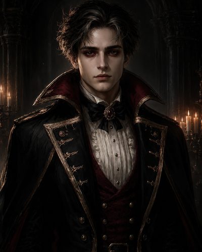 GRID THUMBNAIL — Elegant male vampire in a gold-trimmed black cloak and red waistcoat stands in a candlelit gothic hall, staring forward with unsettling, aristocratic poise.