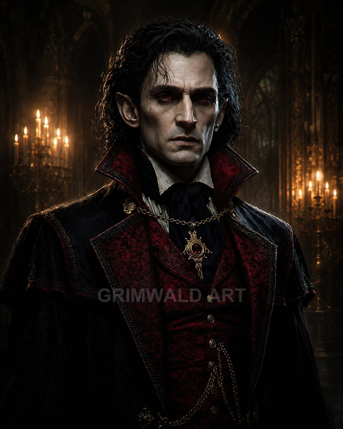 Portrait of a pale, red-eyed vampire aristocrat in crimson and black finery, standing in a candlelit gothic castle hall with chandeliers.