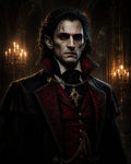 GRID THUMBNAIL — Portrait of a pale, red-eyed vampire aristocrat in crimson and black finery, standing in a candlelit gothic castle hall with chandeliers.