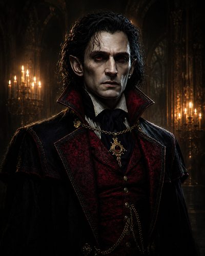 GRID THUMBNAIL — Portrait of a pale, red-eyed vampire aristocrat in crimson and black finery, standing in a candlelit gothic castle hall with chandeliers.