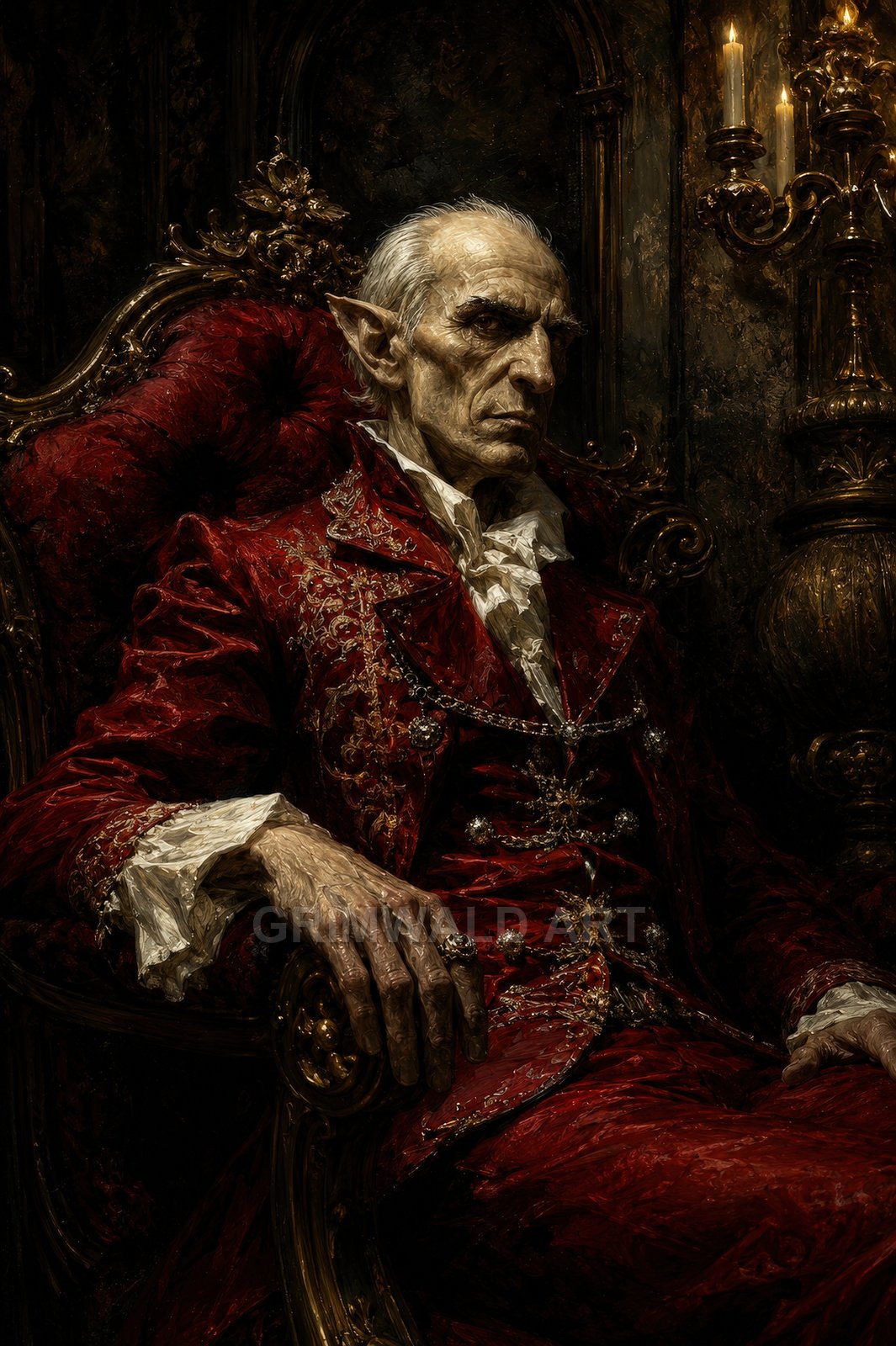 Elderly vampire aristocrat with pointed ears in an ornate crimson suit sits on a gilded chair beside candles in a dark interior.