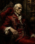 GRID THUMBNAIL — Elderly vampire aristocrat with pointed ears in an ornate crimson suit sits on a gilded chair beside candles in a dark interior.