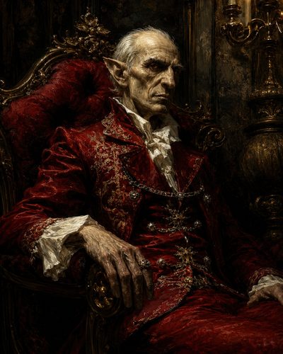 GRID THUMBNAIL — Elderly vampire aristocrat with pointed ears in an ornate crimson suit sits on a gilded chair beside candles in a dark interior.