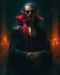 GRID THUMBNAIL — Pale vampire noble with red eyes and a high-collared cloak stands in a candlelit gothic hall, hands clasped on a cane.