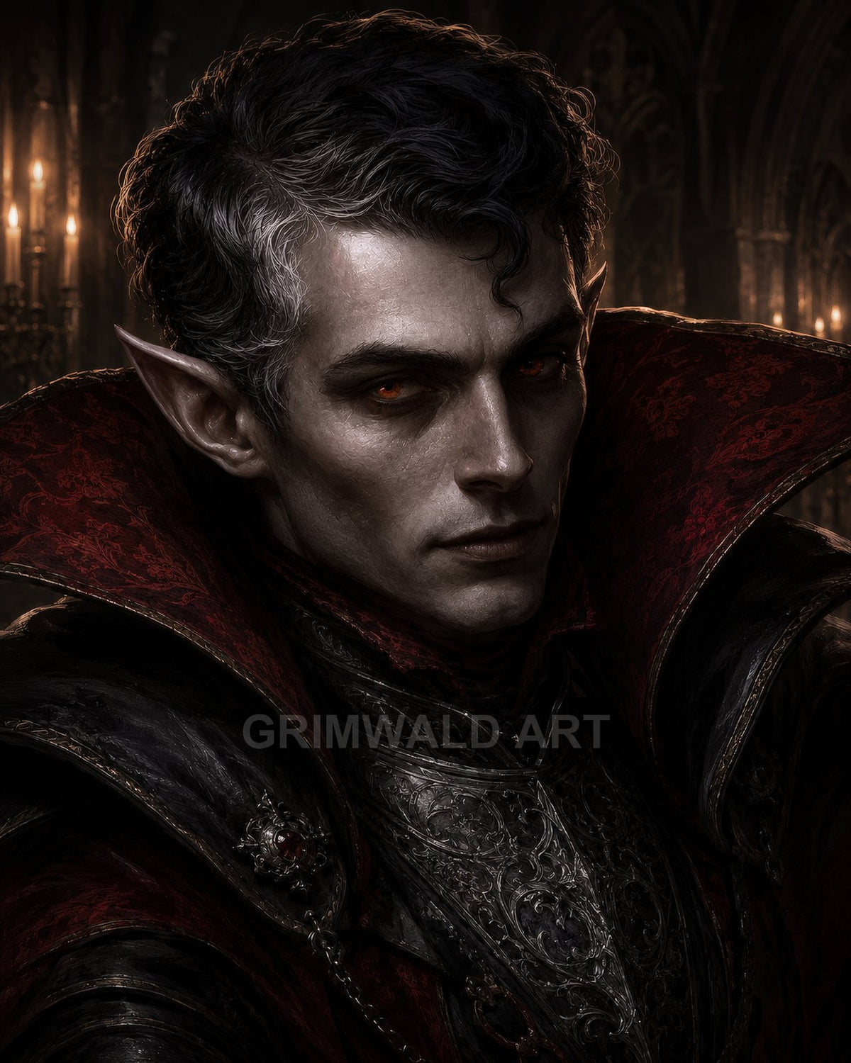 Pale, red-eyed vampire with pointed ears in ornate black and crimson armour and high collar, posed in a candlelit gothic cathedral interior.
