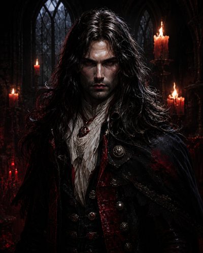 GRID THUMBNAIL — Brooding male vampire with red eyes and long hair, wearing baroque coat and ruffled shirt, standing in candlelit gothic cathedral interior at night.