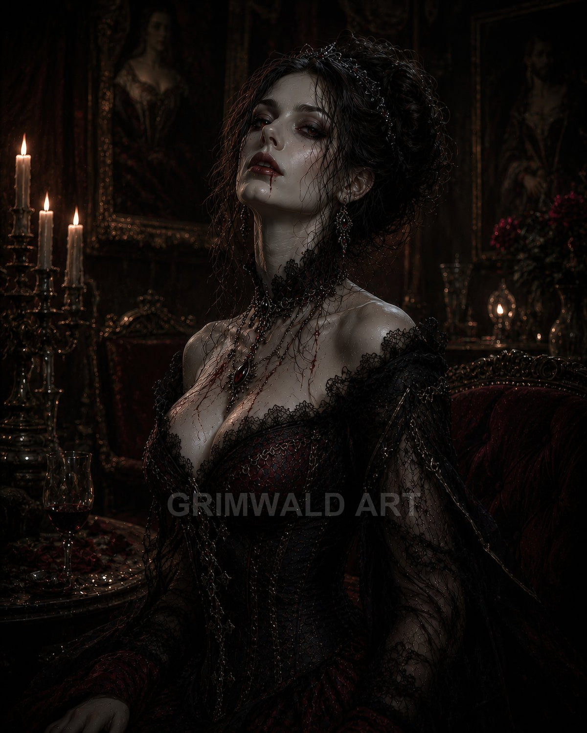Gothic vampire countess in a jewelled corset sits in a candlelit chamber, blood on her lips, surrounded by dark portraits and velvet.