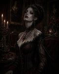 GRID THUMBNAIL — Gothic vampire countess in a jewelled corset sits in a candlelit chamber, blood on her lips, surrounded by dark portraits and velvet.