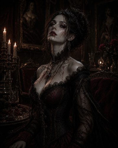 GRID THUMBNAIL — Gothic vampire countess in a jewelled corset sits in a candlelit chamber, blood on her lips, surrounded by dark portraits and velvet.