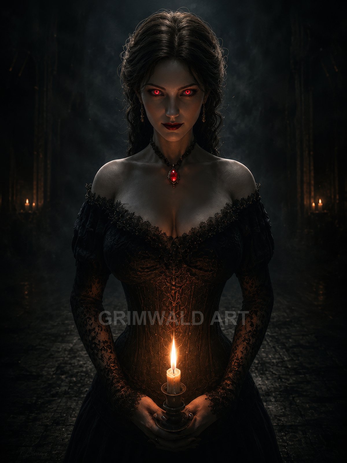 Gothic vampire woman with glowing red eyes holds a single candle, wearing black lace dress and ruby pendant in a shadowy cathedral.