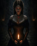 GRID THUMBNAIL — Gothic vampire woman with glowing red eyes holds a single candle, wearing black lace dress and ruby pendant in a shadowy cathedral.