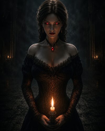 GRID THUMBNAIL — Gothic vampire woman with glowing red eyes holds a single candle, wearing black lace dress and ruby pendant in a shadowy cathedral.