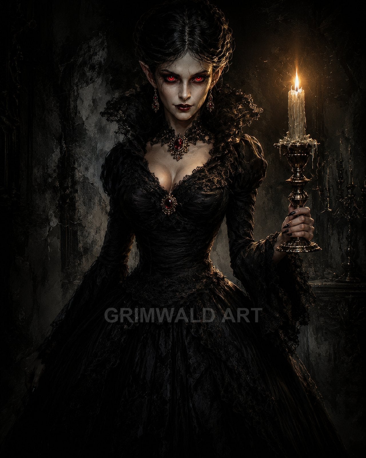 A pale female vampire in an ornate black Victorian-style gown holds a lit candle in a dark, crumbling interior, glowing red eyes, gothic atmosphere.