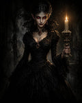 GRID THUMBNAIL — A pale female vampire in an ornate black Victorian-style gown holds a lit candle in a dark, crumbling interior, glowing red eyes, gothic atmosphere.