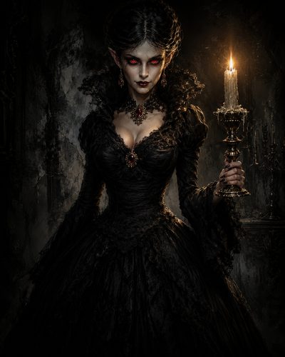 GRID THUMBNAIL — A pale female vampire in an ornate black Victorian-style gown holds a lit candle in a dark, crumbling interior, glowing red eyes, gothic atmosphere.