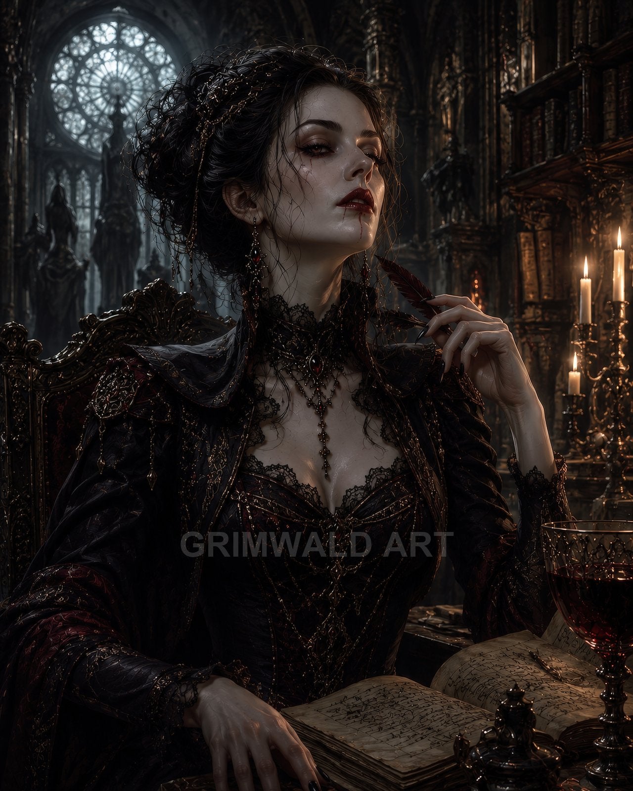 Gothic vampire woman seated in a cathedral, blood on her lips, holding a quill beside arcane books and a dark goblet amid candlelight.