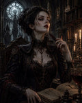 GRID THUMBNAIL — Gothic vampire woman seated in a cathedral, blood on her lips, holding a quill beside arcane books and a dark goblet amid candlelight.