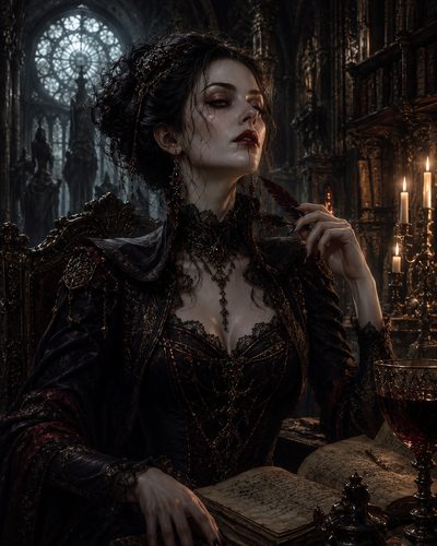 GRID THUMBNAIL — Gothic vampire woman seated in a cathedral, blood on her lips, holding a quill beside arcane books and a dark goblet amid candlelight.